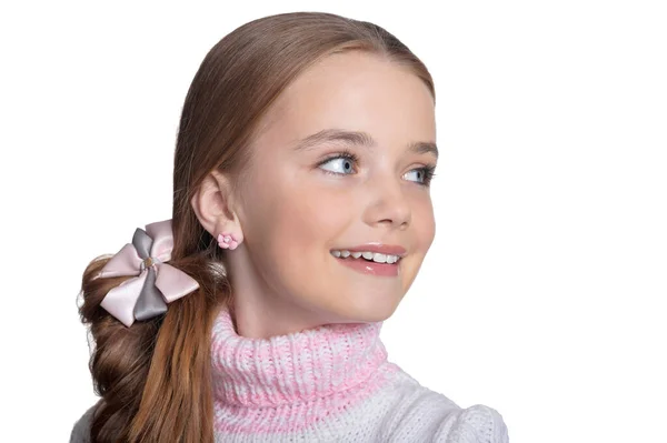 Портрет Милой Маленькой Девочки Позирующей Белом Фоне — стоковое фото