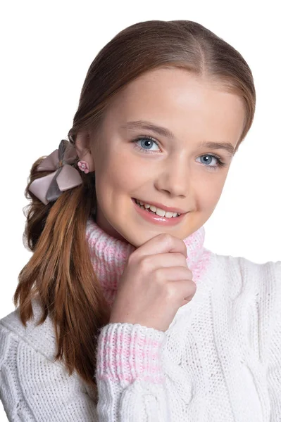 Beyaz Arka Plan Üzerinde Izole Poz Sevimli Küçük Kız Portresi — Stok fotoğraf