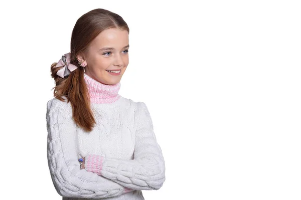 Portret Van Schattige Kleine Meisje Poseren Geïsoleerd Witte Achtergrond — Stockfoto