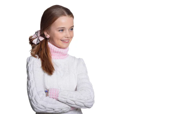 Retrato Bonito Menina Posando Isolado Fundo Branco — Fotografia de Stock