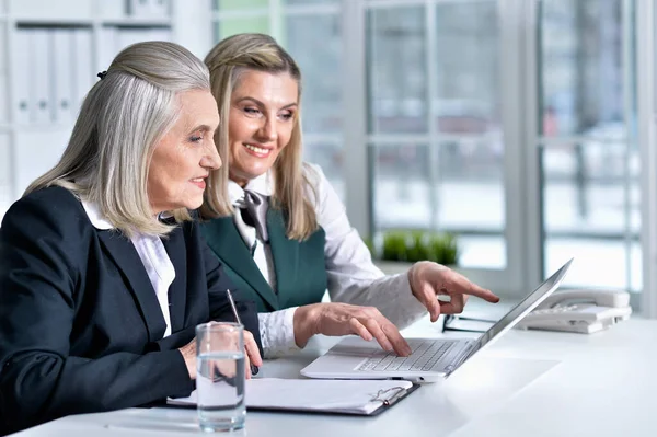 Twee Volwassen Zakenvrouwen Zitten Aan Tafel Met Laptop Werken Samen — Stockfoto