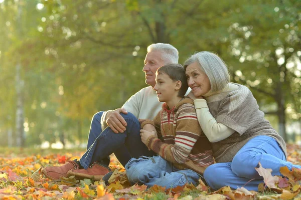 Heureux Grand Père Grand Mère Petit Fils Dans Parc — Photo