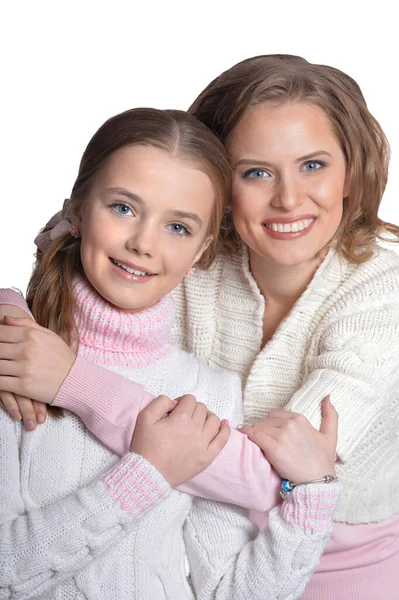 Beautiful Mother Hugs Her Daughter White Background — Stock Photo, Image