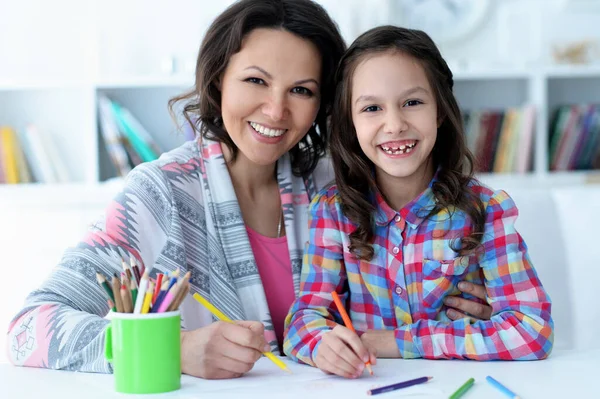 Little Cute Girl Mother Drawing Table Home — Stock Photo, Image