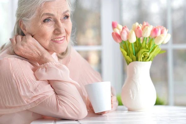 Beautiful Senior Woman Drinking Tea Home — Stock Photo, Image