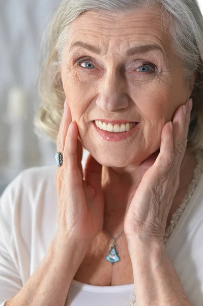 Smiling Senior Woman Posing Home — Stock Photo, Image