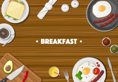 Ahşap masa seramik çanak çömlek ve kahvaltı yemek ile. Üstten Görünüm.