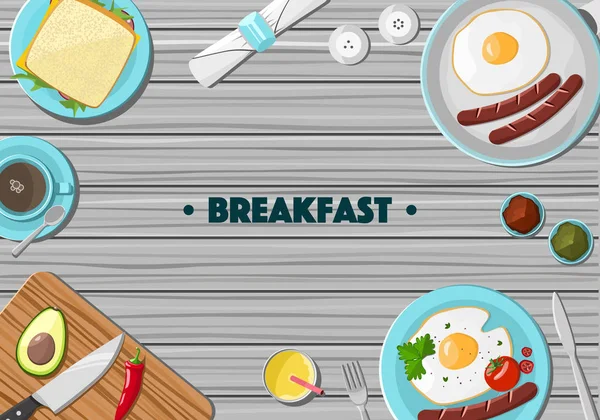 セラミックの食器類、朝食の食事と木製のテーブル。トップ ビュー. — ストックベクタ