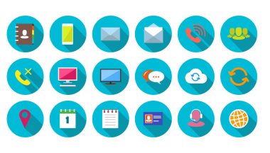 Renkli arka plan üzerinde yuvarlak iletişim ve iş Icons set