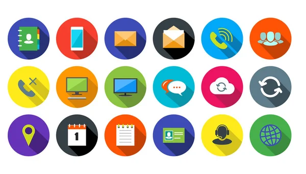 Rodada de comunicações e ícones de negócios definido no fundo colorido — Vetor de Stock