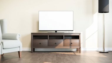 TV Stand parlak oda. 3D çizim.