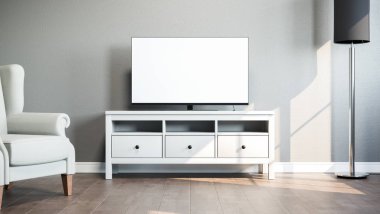 TV Stand parlak oda. 3D çizim.
