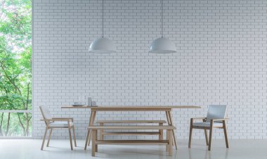 Modern beyaz yemek odası duvar süslemeleri ile beyaz tuğla 3d resim işleme