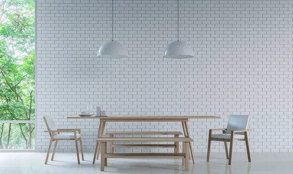 Moderno comedor blanco Decorar la pared con ladrillo blanco 3D imagen de la representación —  Fotos de Stock