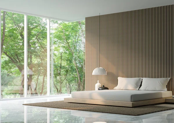 Dormitorio moderno y tranquilo en el bosque Imagen 3D —  Fotos de Stock