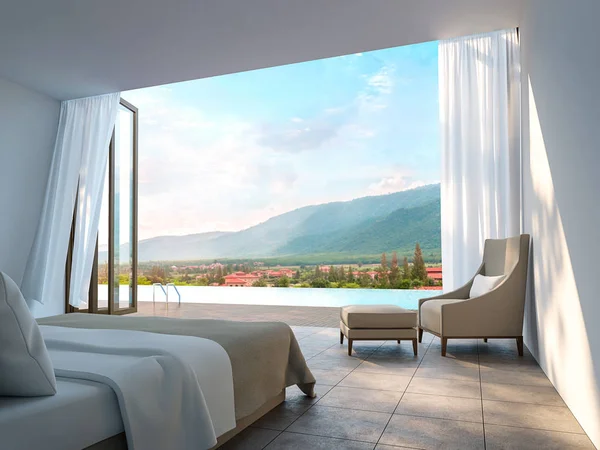 Camera da letto moderna con vista sulle montagne 3d rendering Immagine — Foto Stock