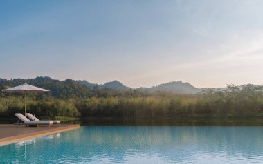 Yüzme Havuzu Teras ve güzel doğa görünümü 3d render resim