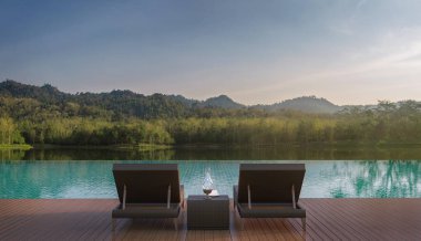 Yüzme Havuzu Teras ve güzel doğa görünümü 3d render resim