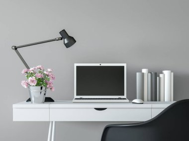 Siyah ve beyaz en az tarzı 3d işleme görüntü ile modern çalışma odası iç