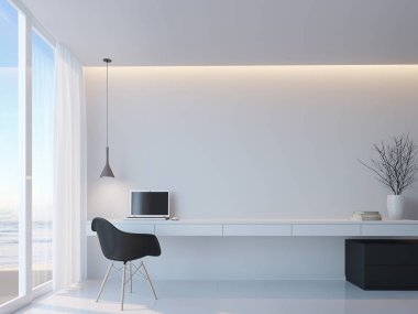 Deniz görünümü minimalist tarzı 3d işleme görüntü ile modern siyah-beyaz çalışma odası