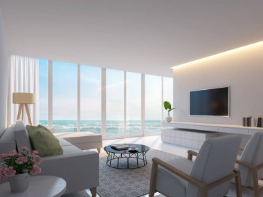Modern beyaz oturma odası deniz görünümü 3d render resim ile