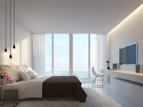 Chambre blanche moderne avec vue sur la mer image de rendu 3d — Photo