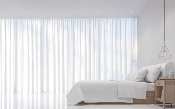 Nowoczesne białe sypialnia minimalistycznym stylu renderowania 3d obrazu — Zdjęcie stockowe