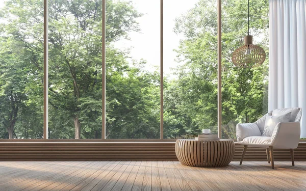 Sala de estar moderna con vista a la naturaleza 3D representación Imagen — Foto de Stock