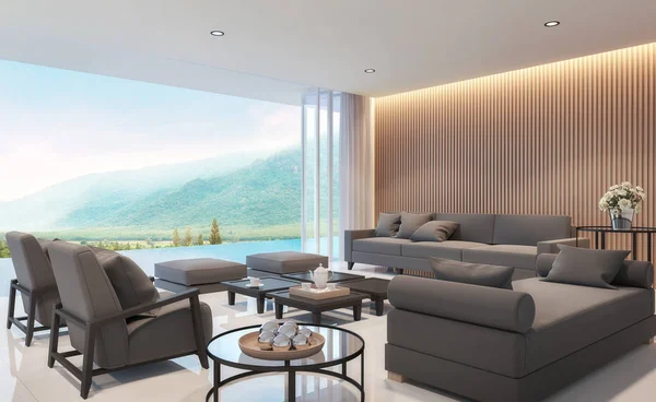 Moderne woonkamer met uitzicht op de bergen 3D-rendering afbeelding — Stockfoto