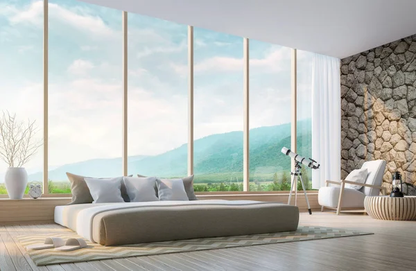 Moderne slaapkamer met bergzicht 3D-rendering afbeelding — Stockfoto