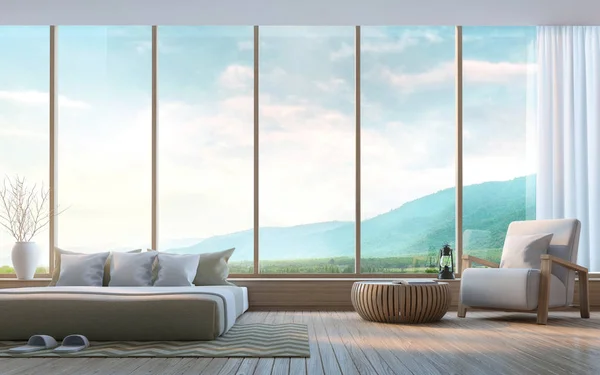 Quarto moderno com vista montanha 3D renderização Imagem — Fotografia de Stock