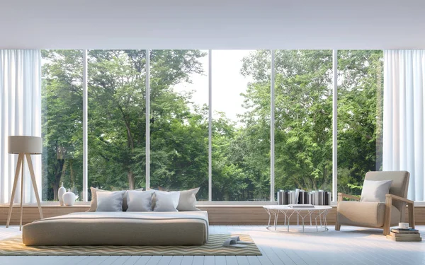 Сучасна спальня з видом на природу 3d візуалізація Зображення — стокове фото
