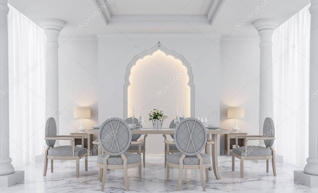 Luxury white dining room 3D rendering Image