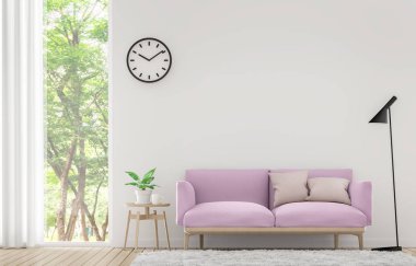 Pastel mobilya 3d işleme görüntü ile modern beyaz oturma odası