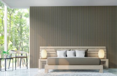 Modern bedroom decorate walls with wooden lattice 3d rendering image clipart