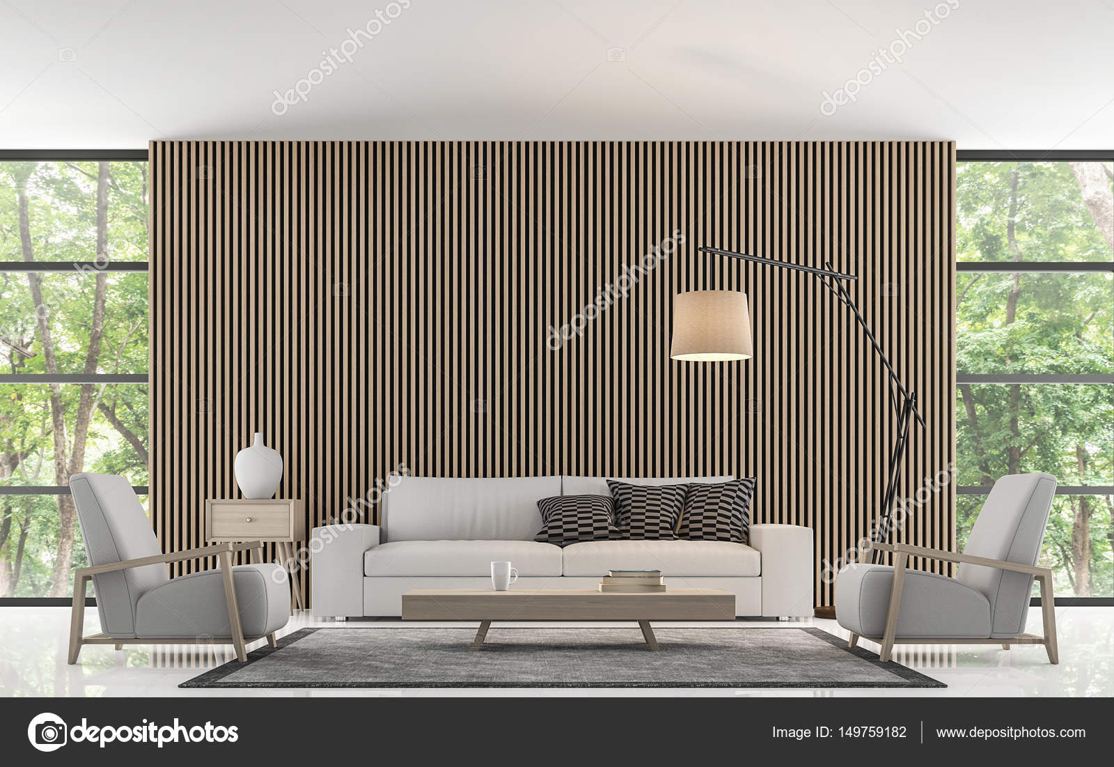 Moderne woonkamer decoreren muur met houten rooster 3d rendering ... Moderne woonkamer decoreren muur met houten rooster 3d rendering ...