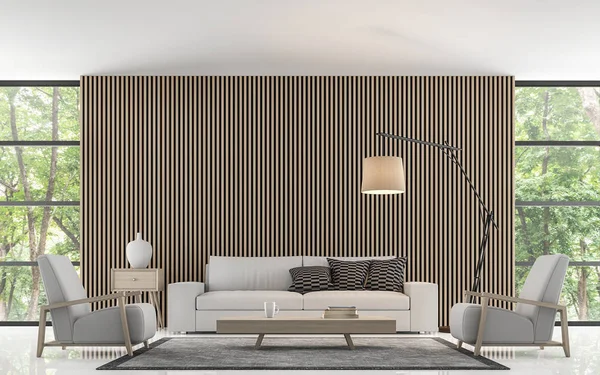 Modern oturma odası duvar ahşap kafes 3d işleme görüntü ile süsleyin — Stok fotoğraf