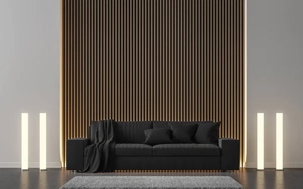 Sala de estar moderna decorar la pared con celosía de madera 3d representación de imagen — Foto de Stock