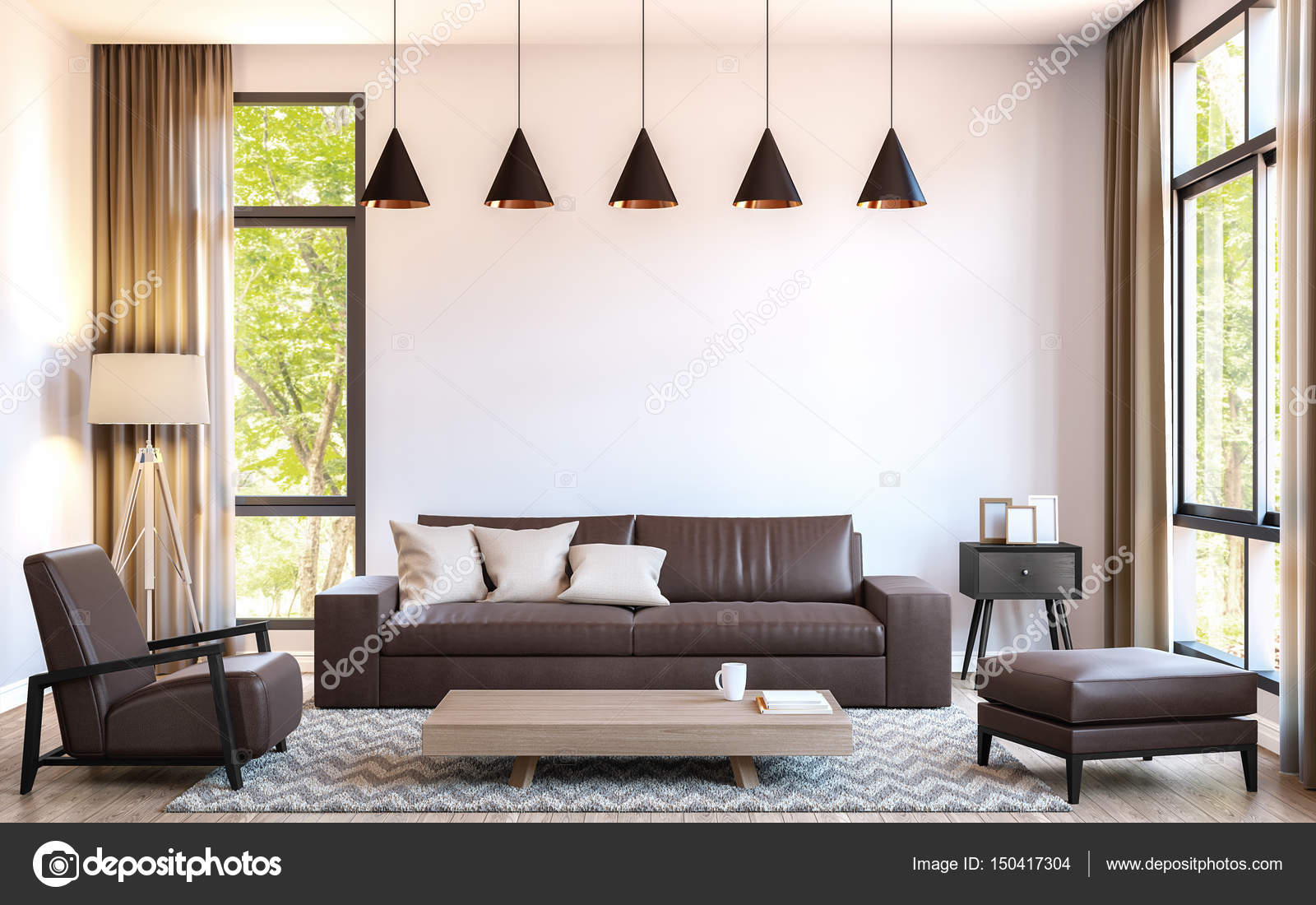 Moderne woonkamer decoreren met bruin lederen meubels 3d rendering ... Moderne woonkamer decoreren met bruin lederen meubels 3d rendering ...