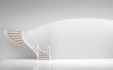 Boş beyaz oda modern uzay ve sarmal merdiven 3d render resim
