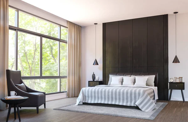 Quarto moderno decorar com móveis de couro marrom e madeira preta 3d imagem de renderização — Fotografia de Stock
