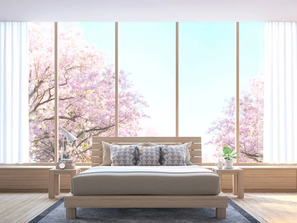 Сучасна спальня прикрашає кімнату деревом 3d візуалізація зображення — стокове фото