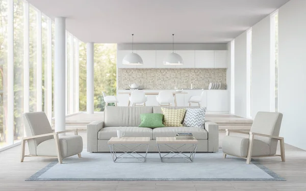 Moderne hvid stue, spisestue og køkken 3D rendering billede - Stock-foto