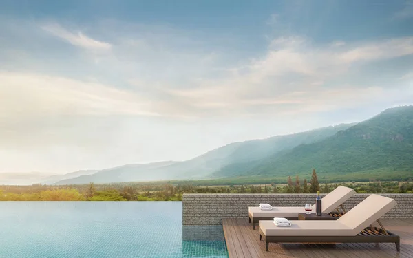 Swimming pool terrace with mountain view 3d rendering image — Stock Photo, Image