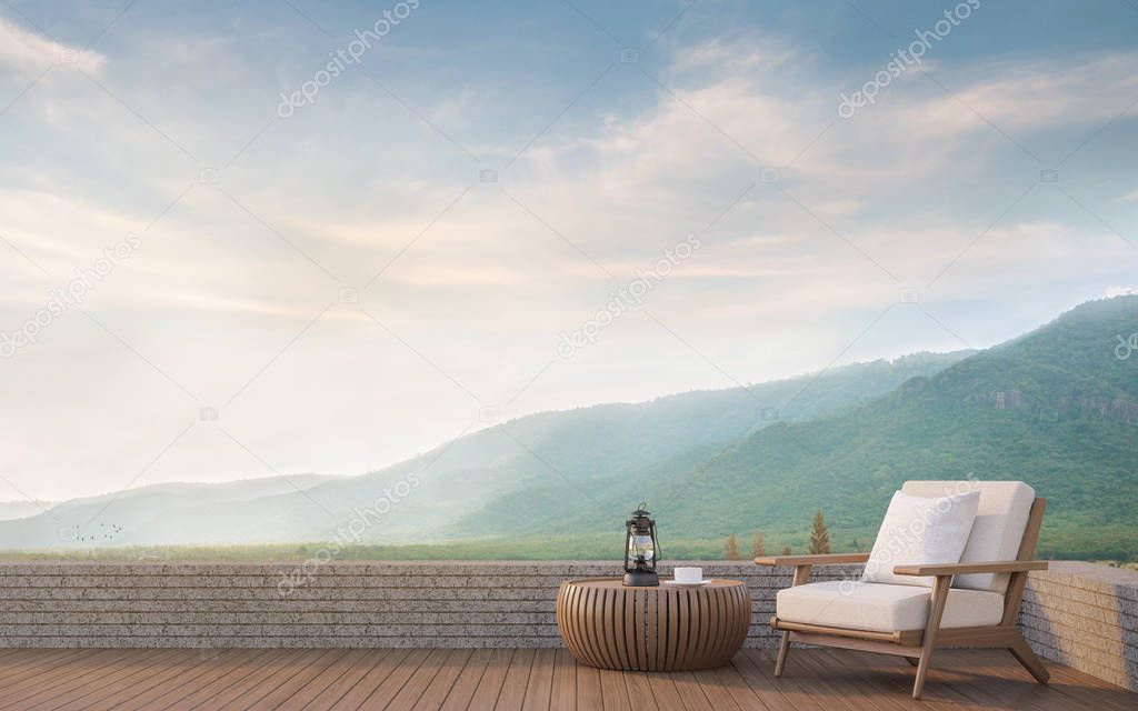 Outdoor living with mountain view 3d rendering image