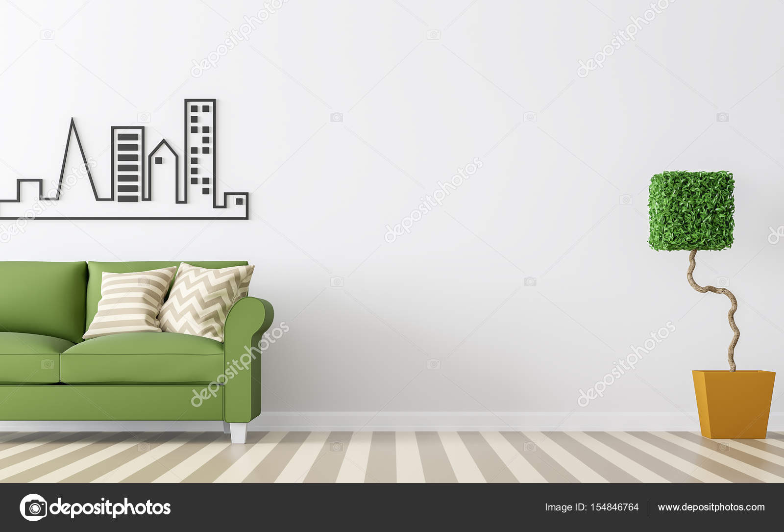 Beste Moderne witte woonkamer interieur met groene sofa 3D-rendering DN-06