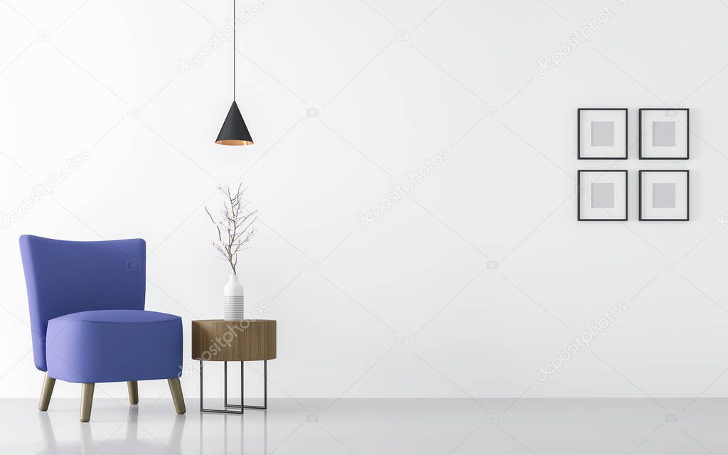 Modern white living room interior with blue armchair 3d rendering Image