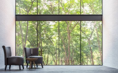 Doğa görünümü 3d işleme görüntü ile modern loft oturma odası