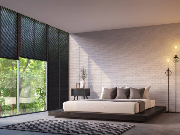 Dormitorio loft moderno con vista a la naturaleza 3d representación de imagen —  Fotos de Stock
