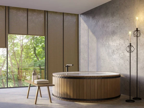 Strych styl łazienka z natury widoku 3d renderowania obrazu — Zdjęcie stockowe